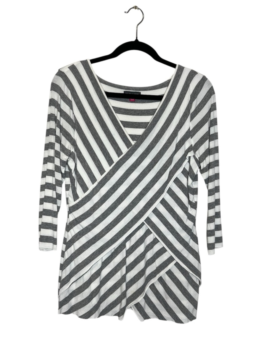 Vince Camuto Soft Cross Front Gray Striped Raw Hem V Neck Top size Medium